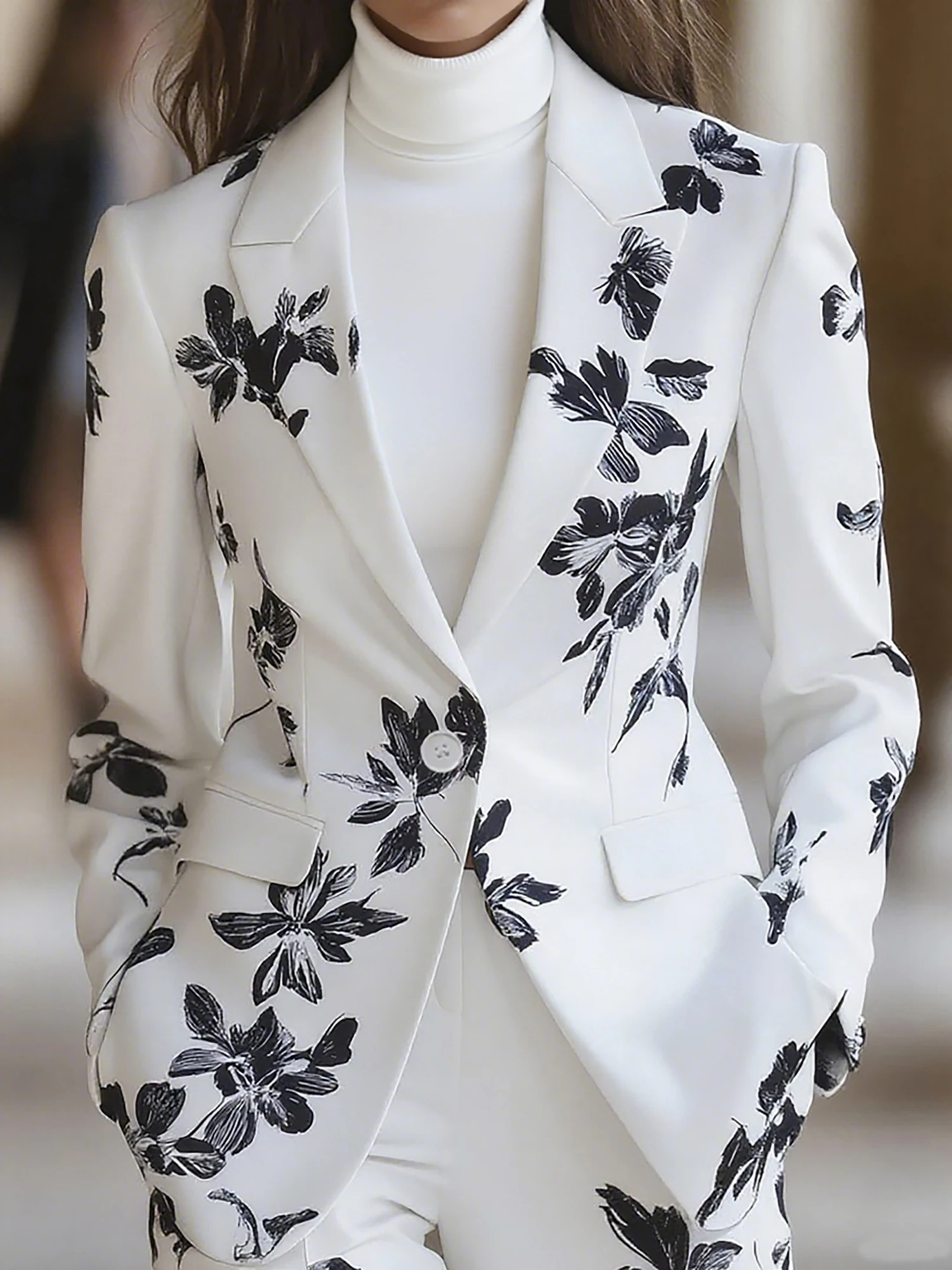 Eleganter Langarm-Blazer mit Blumendruck für Damen – schicke Jacke mit V-Ausschnitt und Taschen, stilvolle Oberbekleidung – Detail 14