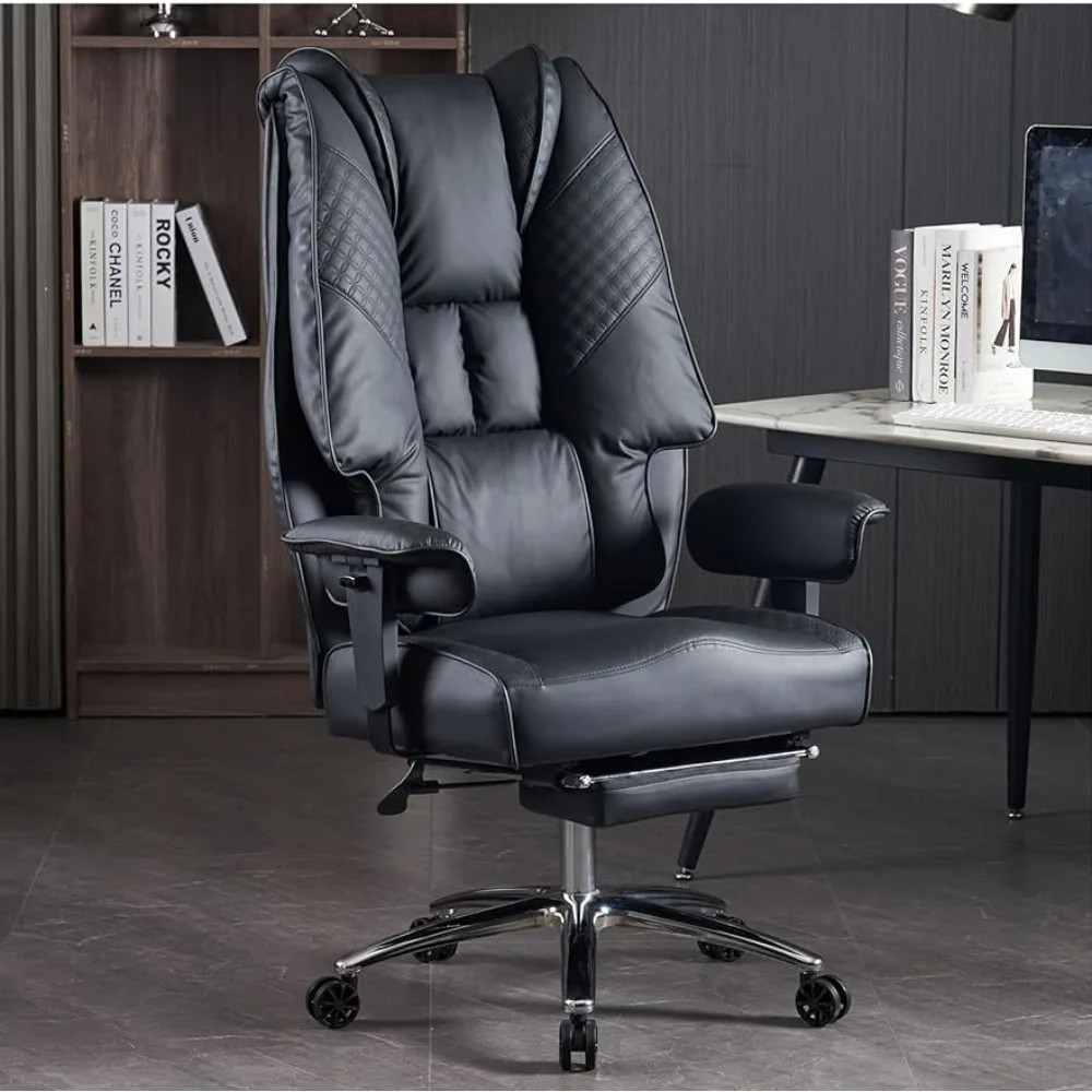 Leather High Back Executive Office Chair With Foot Rest Big and Tall Office Chair 400lbs Wide Seat Computer Furniture