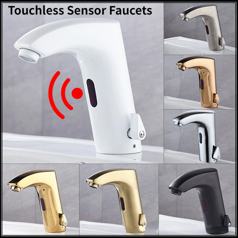 

Brushed Gold Touchless Bathroom Faucet Smart Sensor Basin Mixer Tap Black Brass Auto Faucet 220V Kitchen Sink High Tech Tap