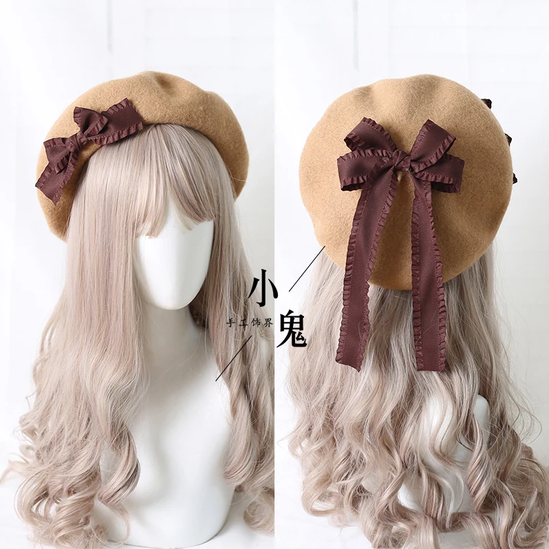 

Japanese sweet bowknot autumn winter warm retro wool beret lolita hand Painter hat