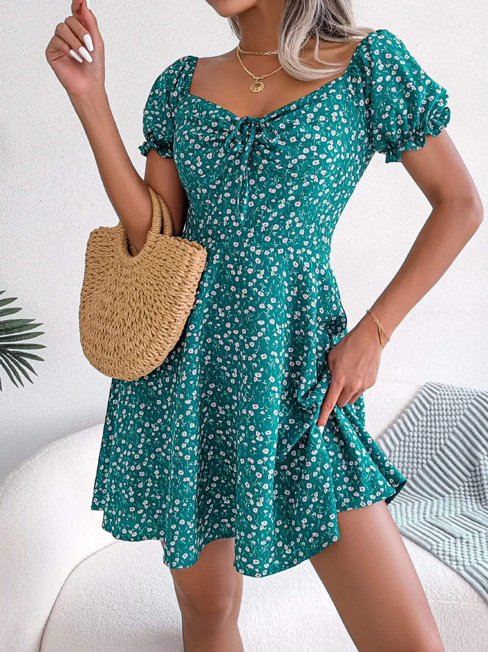 

French Floral Print Mini Dresses For Women 2024 Summer Square Neck Lace Up Elegant Party Holiday Beach Traf Dress Vestidos 원피스