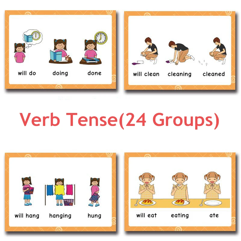 24 Groups/set Verb Tense Flash Card Leaning English Word Picture Cards