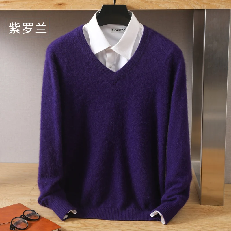Turtleneck Sweater Men's Pure Mink Cashmere Sweater V-Neck Pullover Knitted Large Size Winter Longsleeve