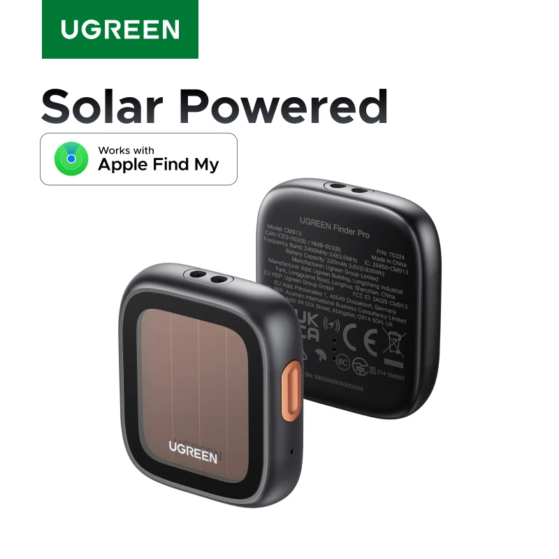 תגיות מעקב UGREEN Finder Pro (לאייפון בלבד) תגיות חכמות סולאריות עם בלוטות' לאיתור פריטים, תואם ל- Apple Find My