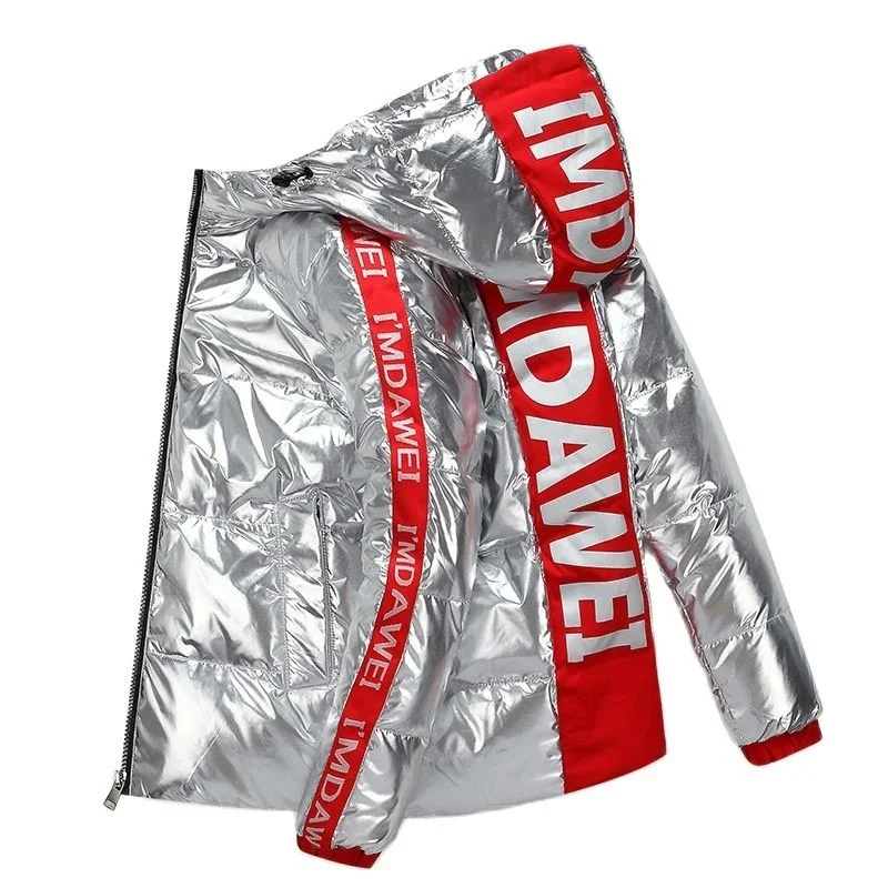 

2023 NEW White Duck Down Jacket Short Letter Silver Shiny Men's And Women's Hooded Thick Loose Down Jacket Men's Clothes