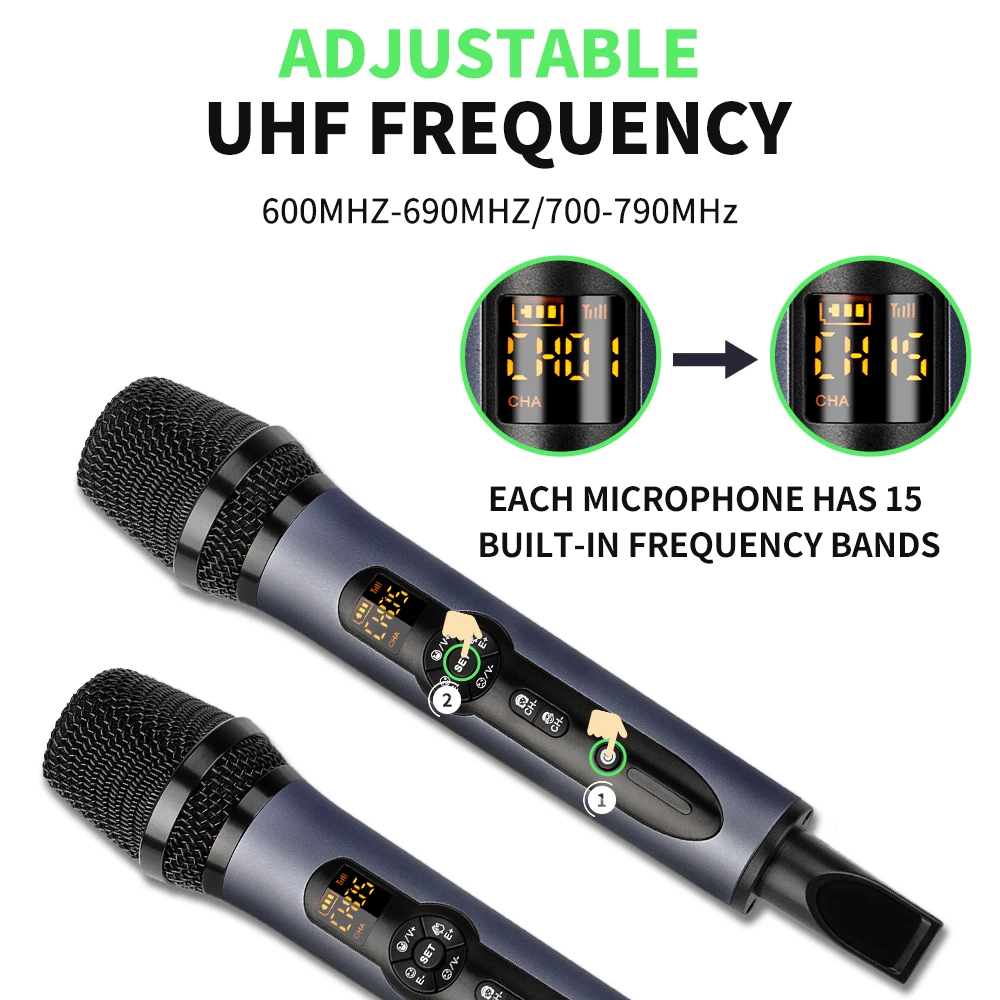 무선 마이크, UHF Depusheng H2 듀얼 핸드 헬드, 다이내믹 가라오케 마이크 시스템, 무대 교회 파티 스피커 회의용, 2 채널, 50m