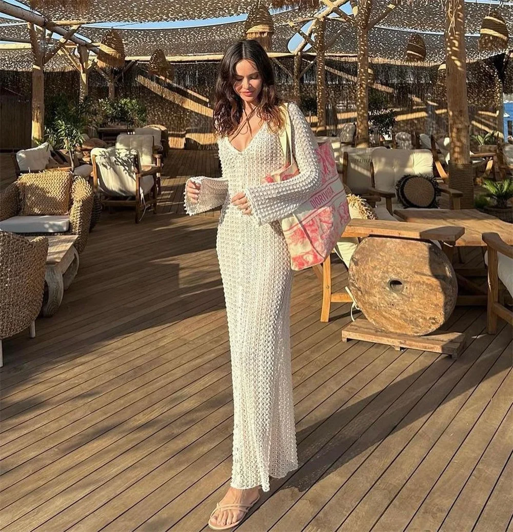 

2024 Sexy Summer Hollow Out Cover up Maxi Dress for Women Deep V-Neck Long Sleeve Beach Holiday See-Through Knitwear Dress