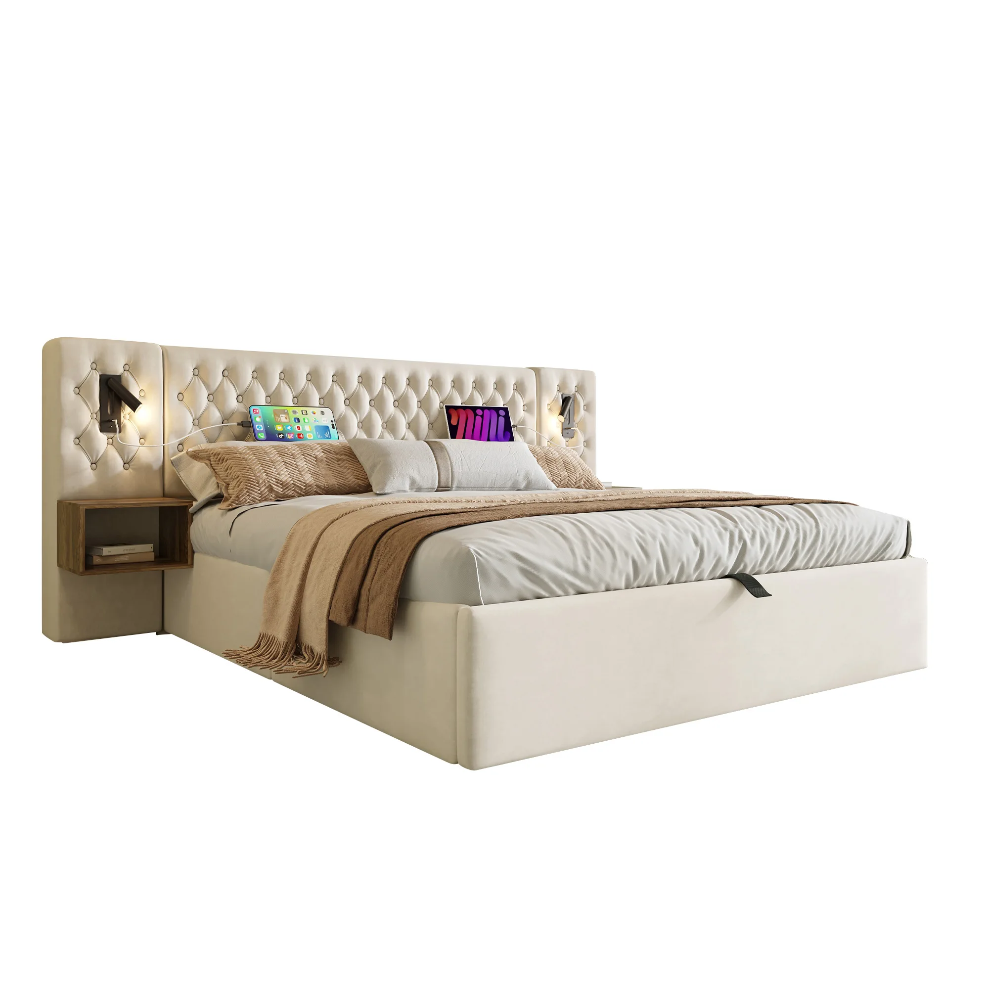 Schlafzimmer-Möbelset, Polsterbett mit hydraulischem Stauraum, Doppelbett 180x200 cm mit 2 Nachttischen, Beige Samt – Detail 8