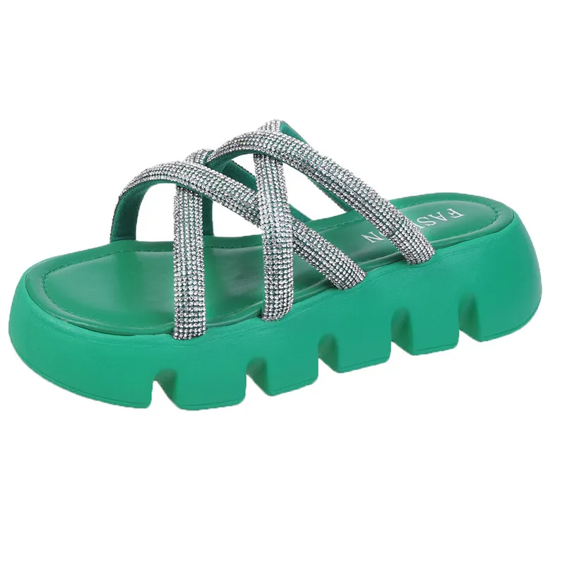 

2023 New Fashion Slippers Women Flats Platform Summer Women Slippers Slip On Diamond Decoration 5cm Heel Casual 35-40