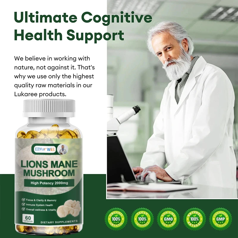 Lion's Mane Capsules Promotes Mental Clarity Focus Memory Mushroom Supplement Original Flavor Non-GMO