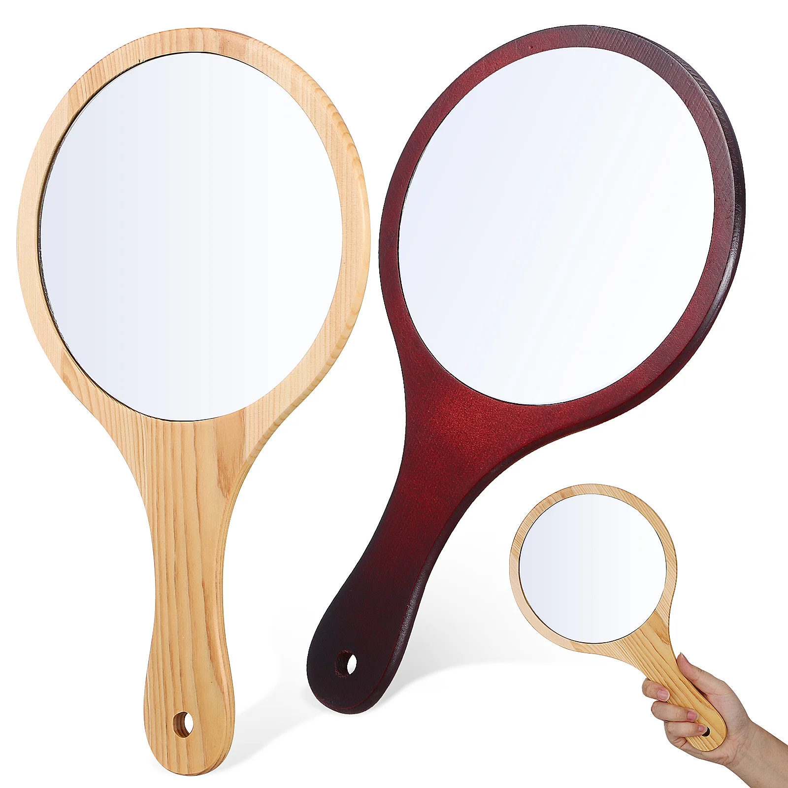 

2 Pcs Travel Vanity Mirror with Wooden Handle Small Large Hair Cutting Miss