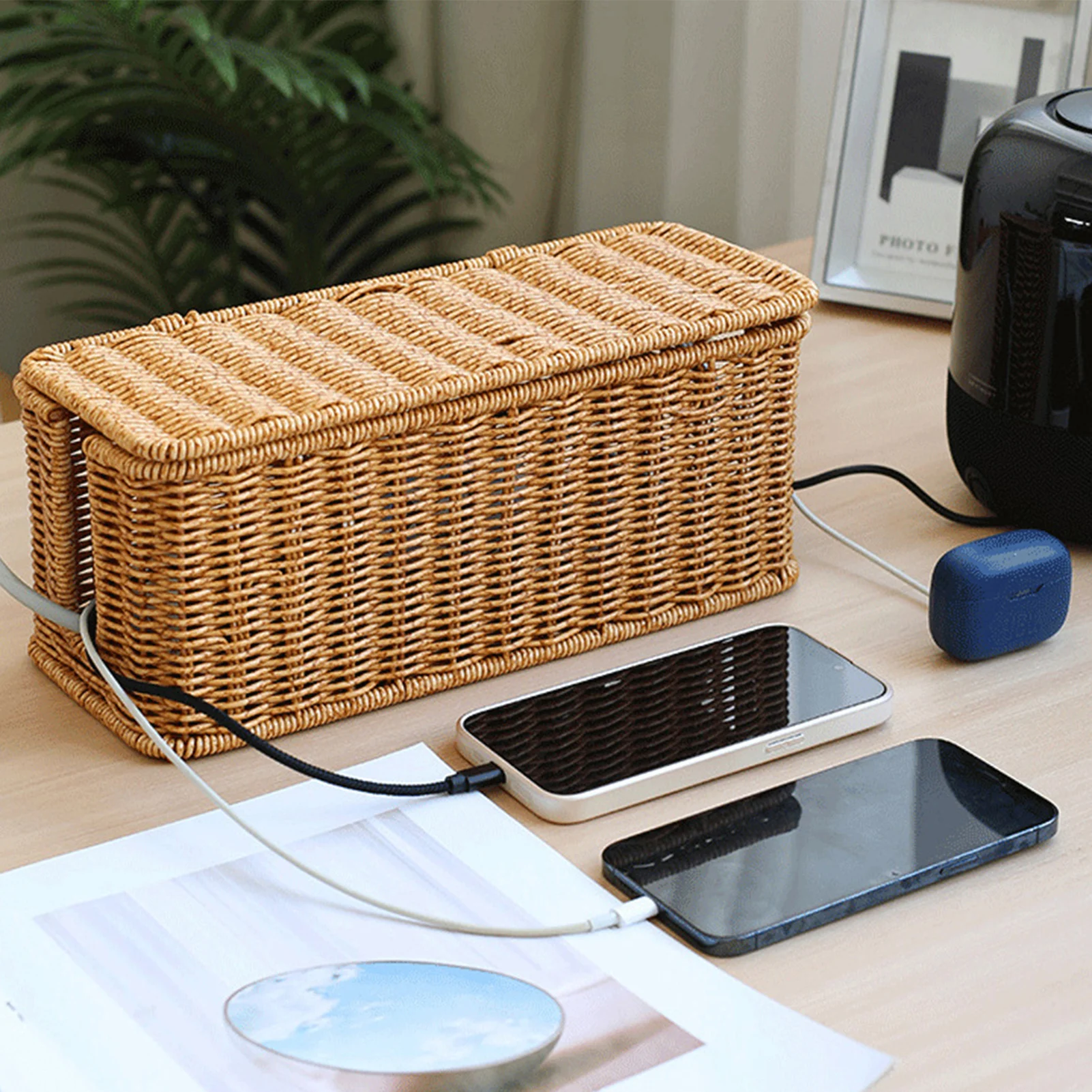 Hand-Woven Charging Station Storage Box Cable Management Basket for USB Cables Data Cables Organizer 3