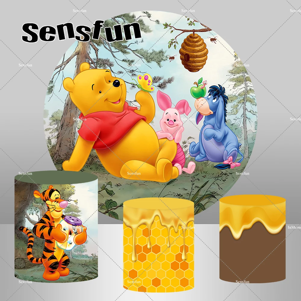 

Kids Winnie The Pooh Theme Baby Shower 1st Birthday Party Round Backdrop Cover Honey Tree Dessert Table Plinth Covers Elastic