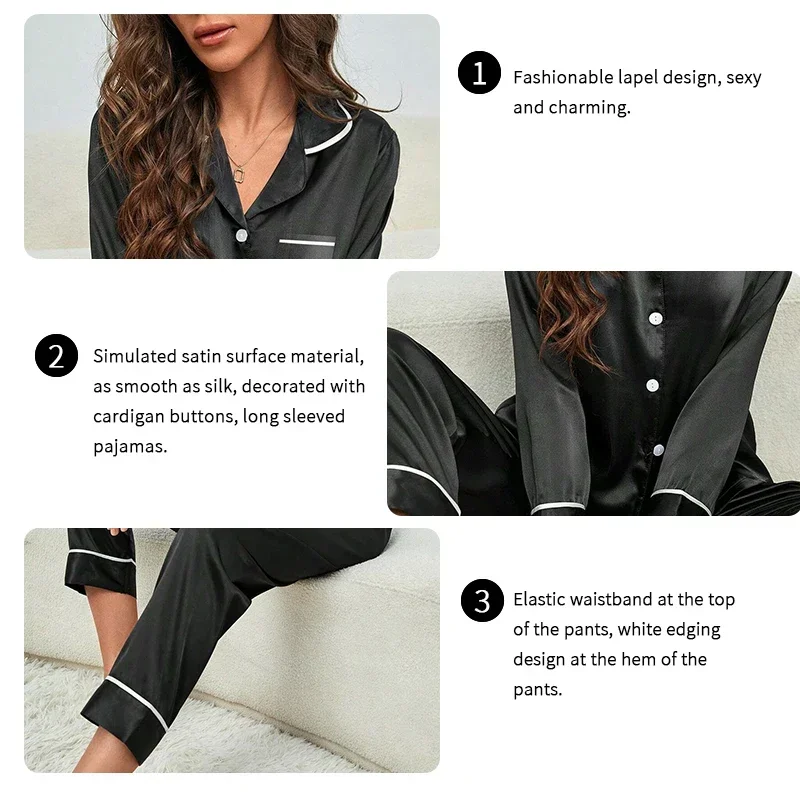 Women Pajamas Set Plus Size Autumn and Winter Silk Pajamas Women Tops and Pants Solid Casual Soft Nightwear Buttons Cardigan Sleepwear Homewear
