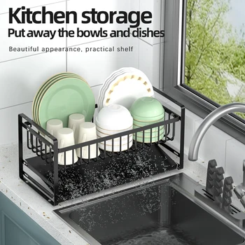 식기 건조 랙, 녹슬지 않는 주방 식기 건조 랙, 배수판 및 기구 거치대, 주방 카운터용 대용량, 1 개 상품 이미지