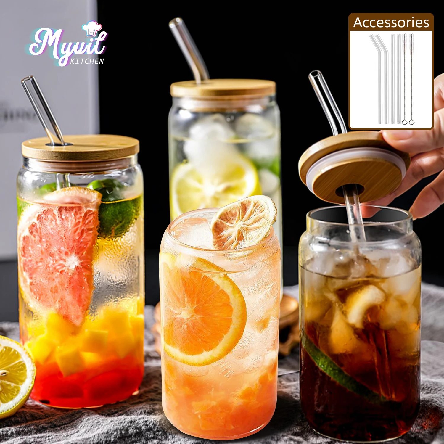 Drinking Glasses with Bamboo Lids and Glass Straw 4pcs Set - 16oz Can  Shaped Cups, Beer Glasses, Ice…See more Drinking Glasses with Bamboo Lids  and