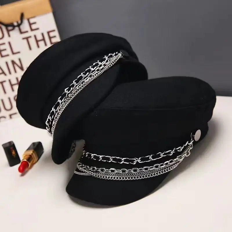 Stylish Navy sun hat Casual military hat women's cotton beret flat cap Captain's cap High quality outdoor casual chain sailor hat women military hat