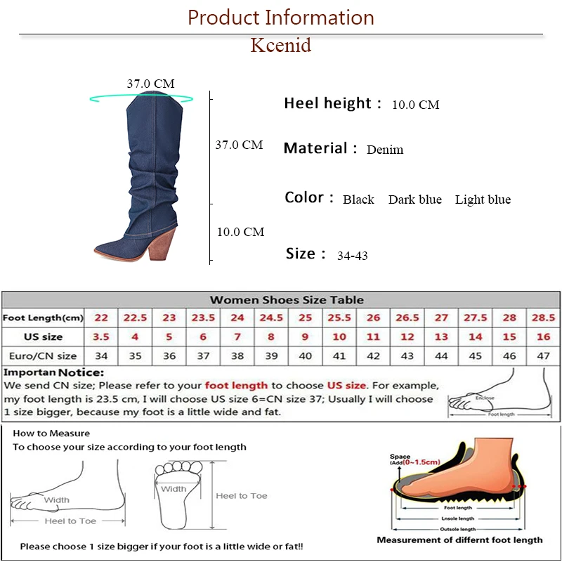 Kcenid Women Denim Knee High Boots Pointed Toe Slip-on Women High Heels Long Boots Sexy Pleated Solid Party Shoes Woman