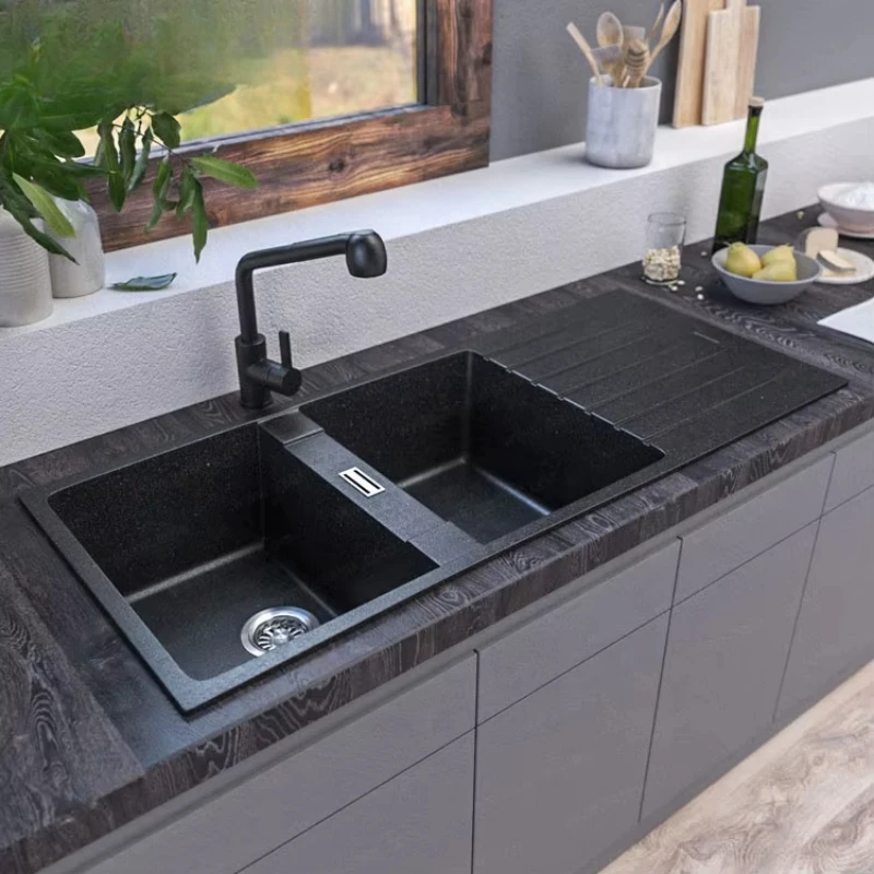 CE Certificated Double Bowl Black Quartz Sink Composite Granite Kitchen Sink With Drainboard
