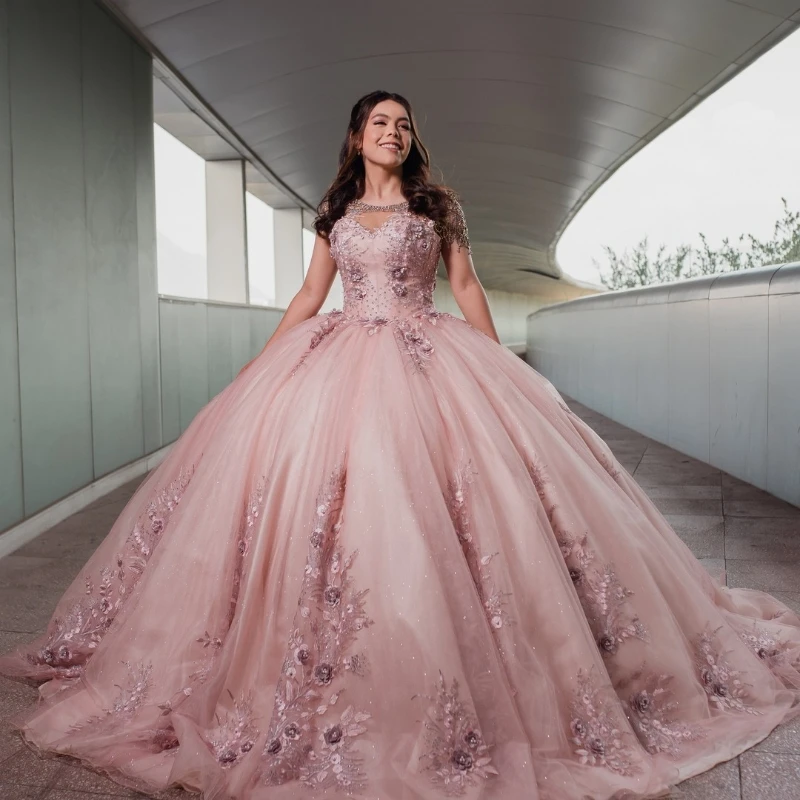 

Lovely Pink Quinceanera Dresses Mexican O-Neck Lace 3D Flower Beads Puffy Ball Gowns Applique Luxury Vestidos 15 De Sweet 15