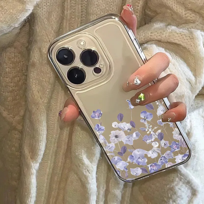 Blue Leaf White Flower Pattern Transparent Phone Case Cover