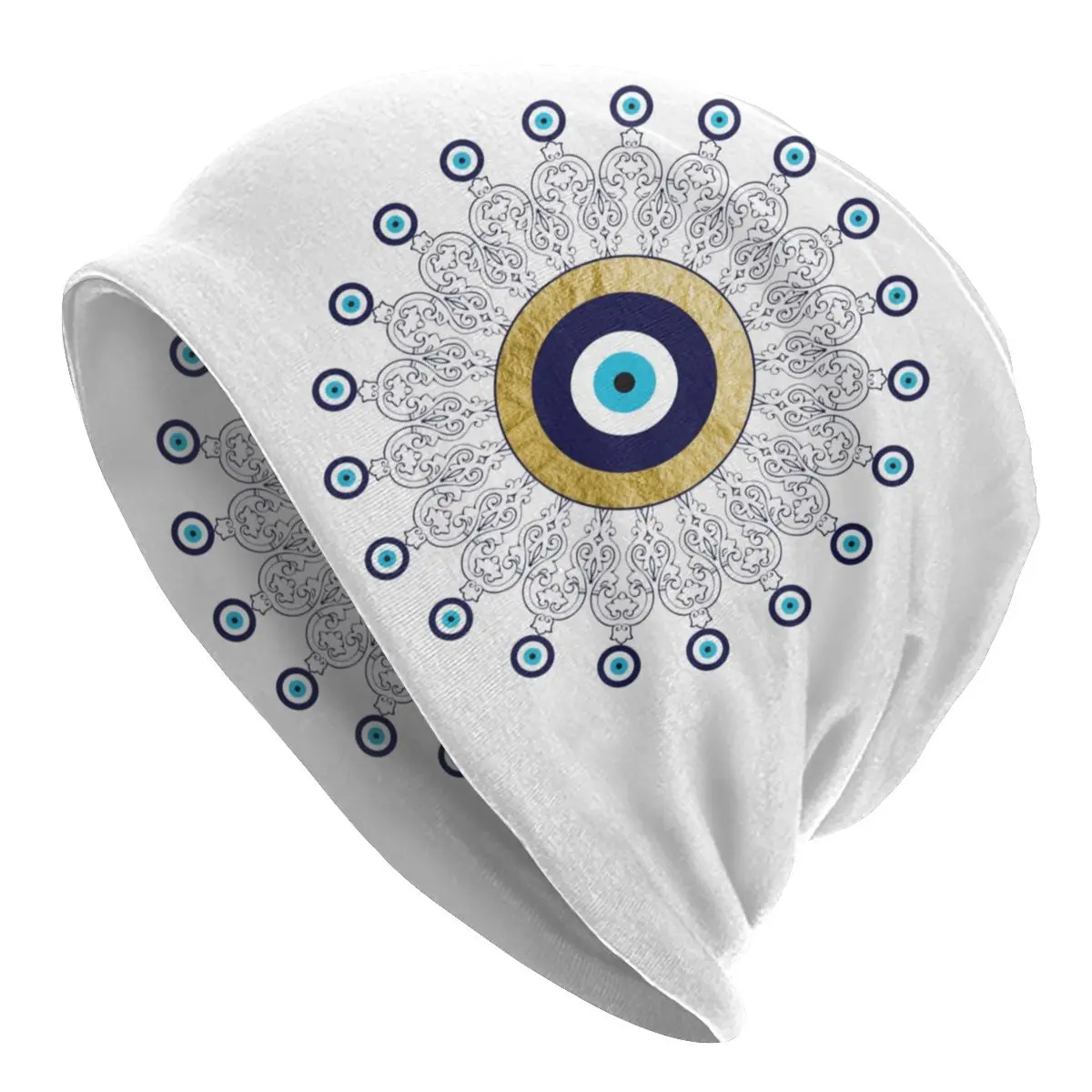 

Evil Eye Mandala In Gold And Blue Bonnet Homme Cool Knitted Hat For Men Women Winter Warm Lucky Charm Amulet Beanies Caps