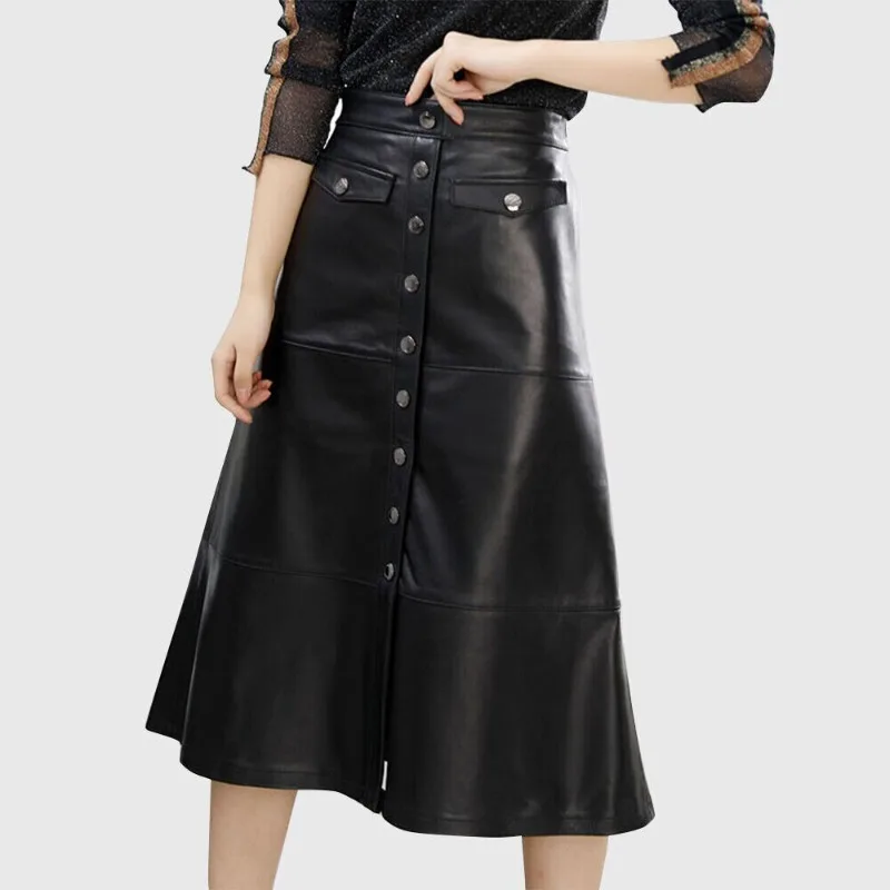 Women's High Quality Genuine Lambskin 100% Leather Skirt Below Knee Button Skirt