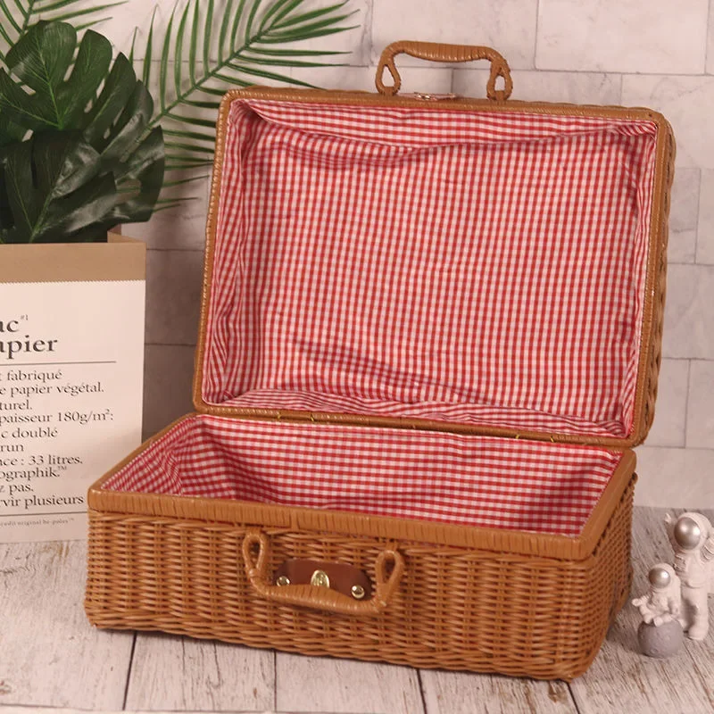 Retro Rattan Storage Suitcase Handmade Wicker Picnic Basket Travel Camping Food Container Straw Women Tote Luggage Organizer 2