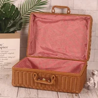 Retro Rattan Storage Suitcase Handmade Wicker Picnic Basket Travel Camping Food Container Straw Women Tote Luggage Organizer 2