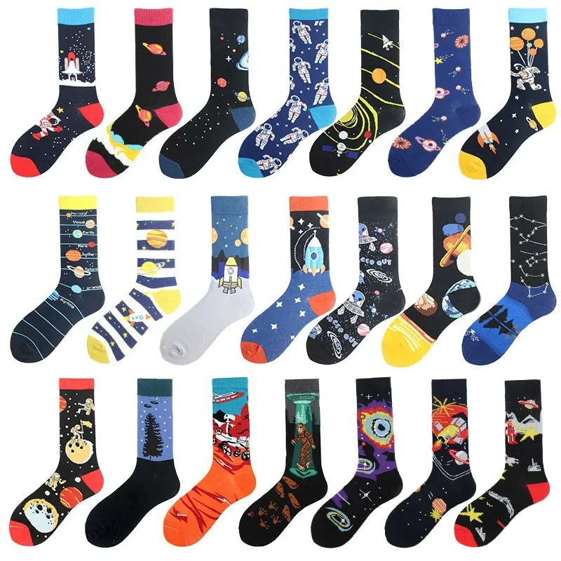 

Painting Style Astronaut Men's Socks Harajuku Colorful Cotton Socks Planet Rocket Space Street Alien Socks