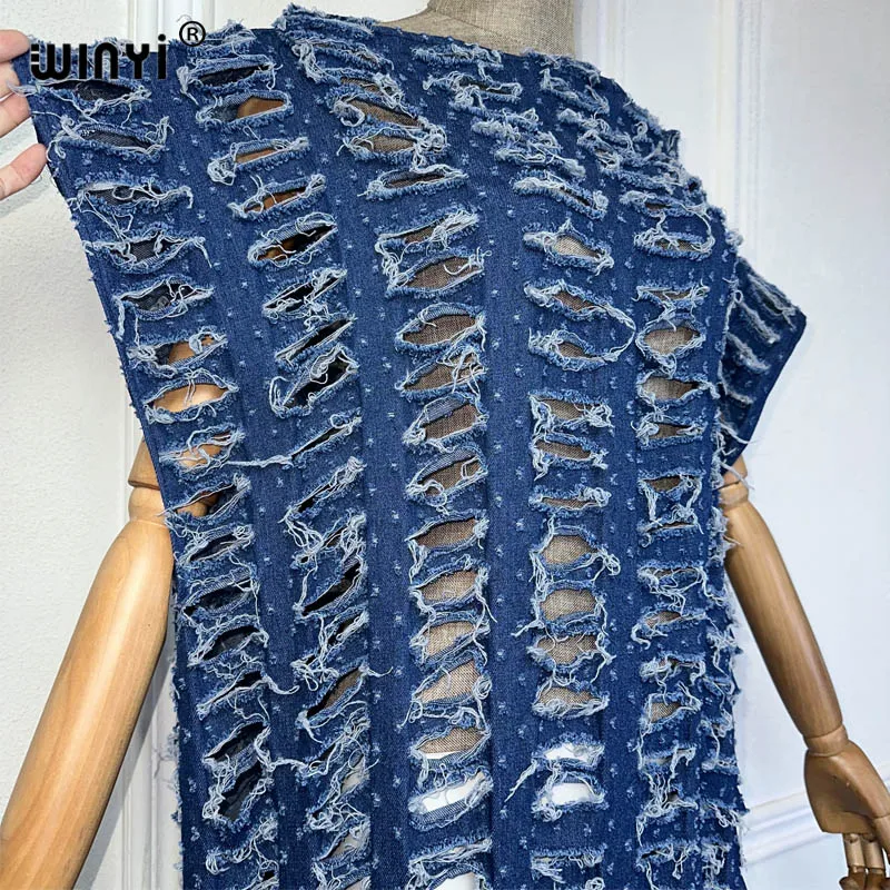 Denim Dress WINYI Original denim sexy long dress with holes Africa Womens party holiday Casual Short Sleeve Maxi beach dress denim dress