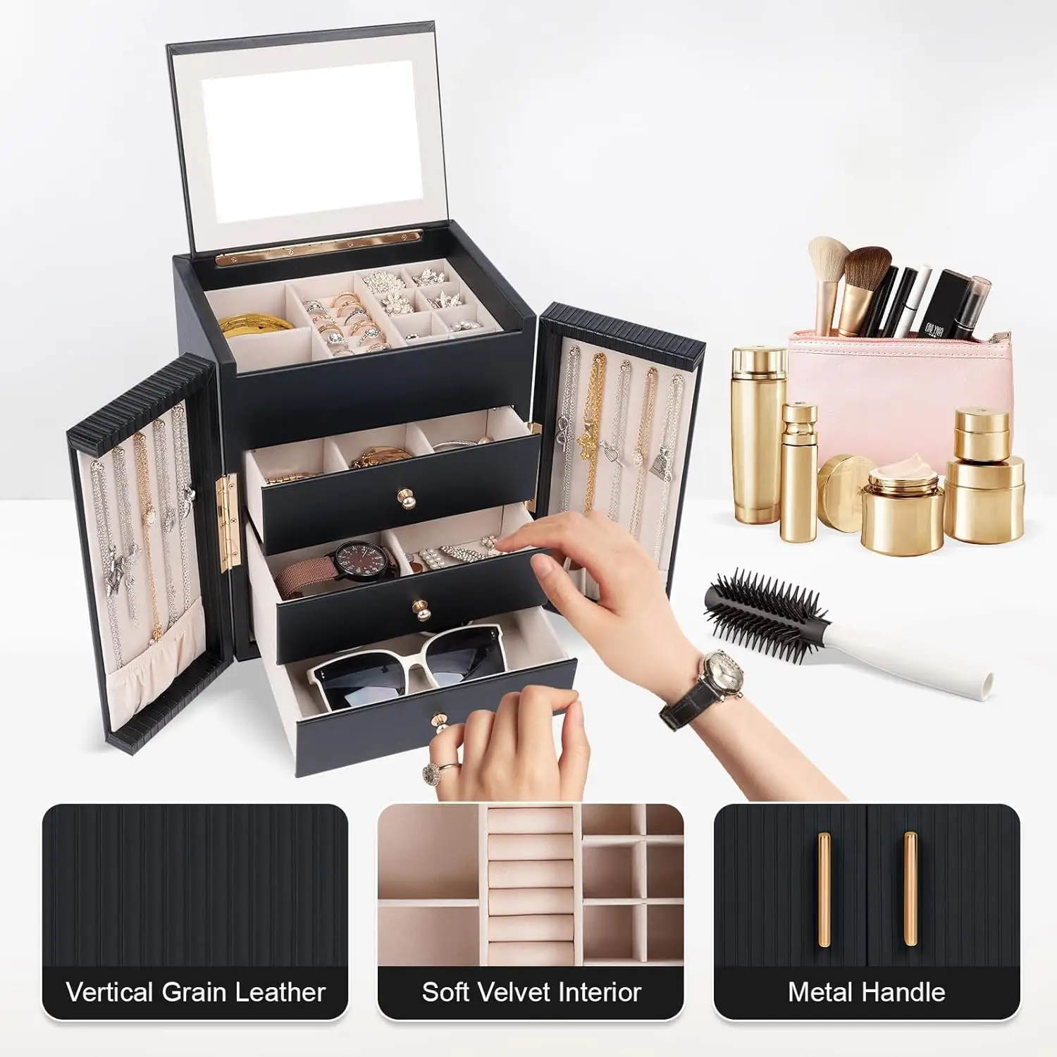 A large jewelry box with 3 drawers, a jewelry storage box for necklaces, rings, bracelets, watches, and mirrors 4