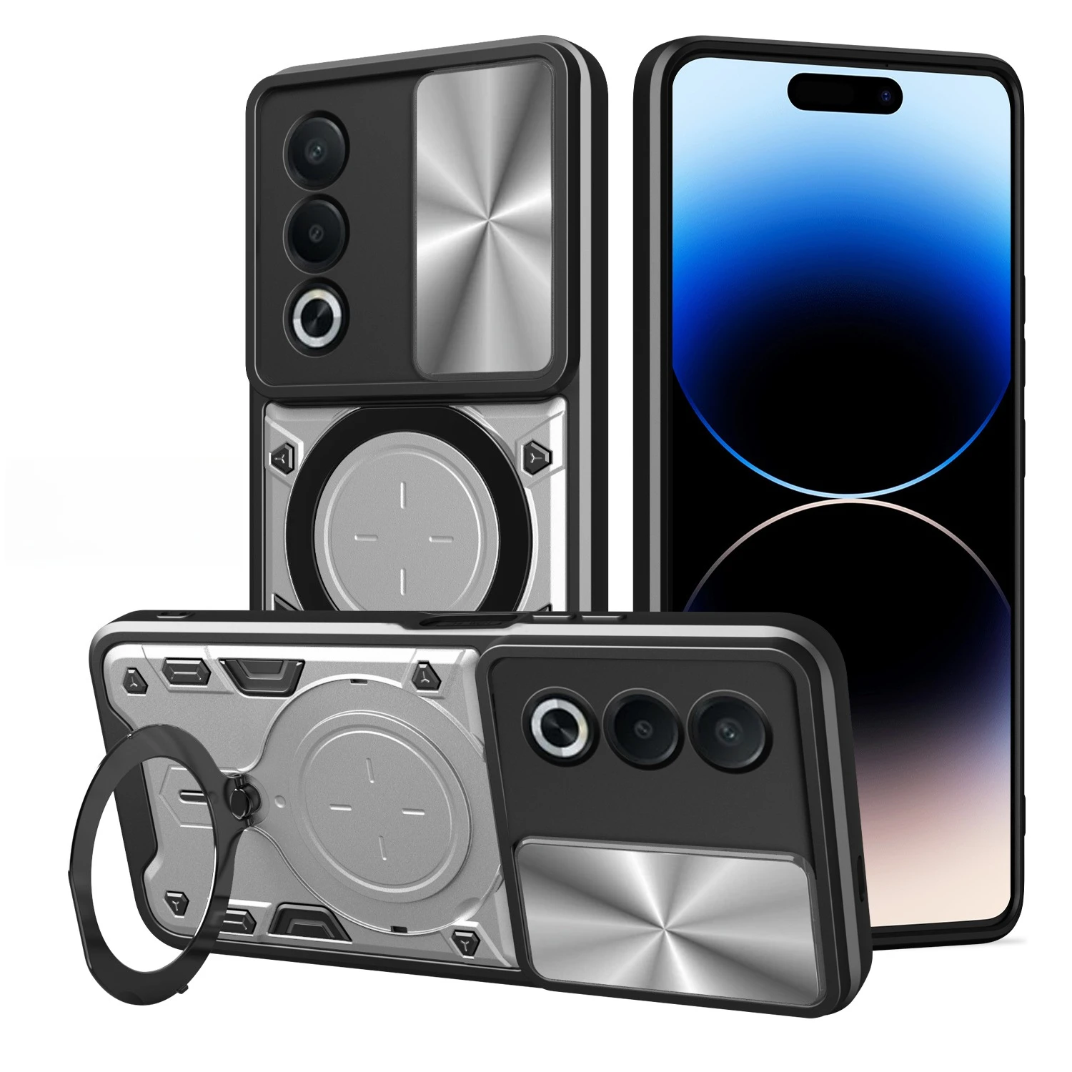 Premium Lens Slide Cover Phone Case with Rotating Magnetic Ring Holder and Durable Hard Shell Protective Cover