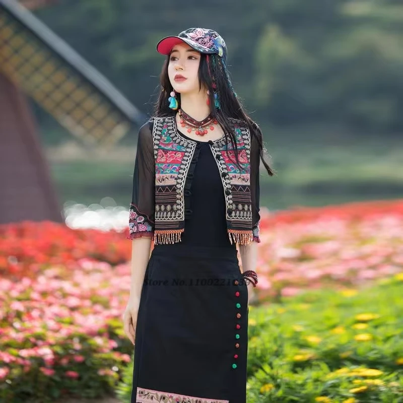 national flower embroidery o-neck ethnic vest traditional sleeveless waistcoat oriental tang suit chinese vintage folk vest