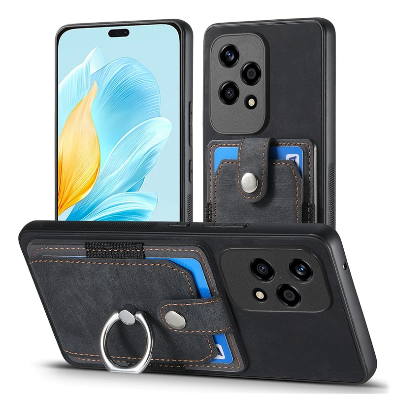 Luxury Leather Magnetic Wallet Case with Ring Stand and Card Slot Cover