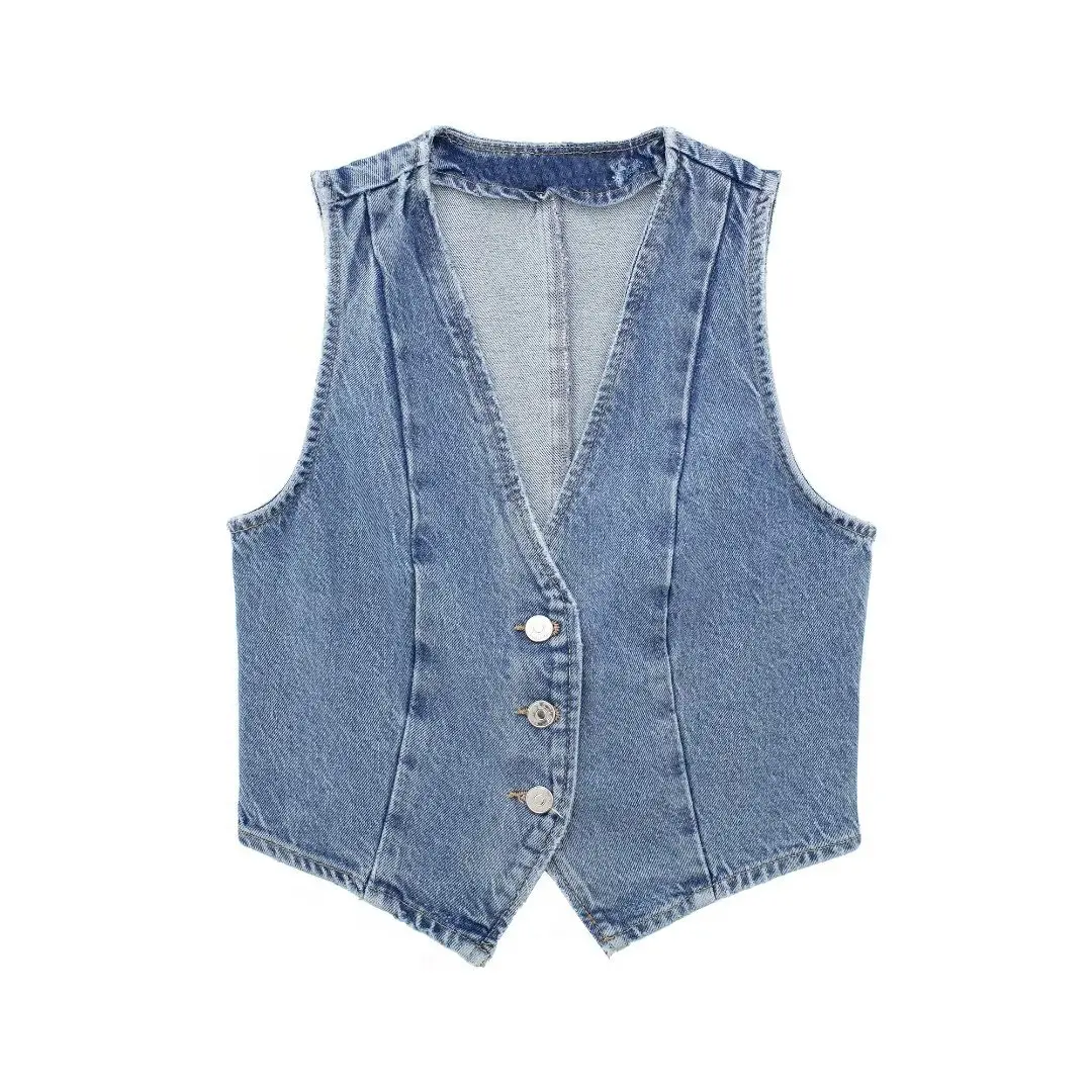 

Women 2023 New Fashion Sleeveless Cropped Casual Denim Vest Coat Vintage V Neck Button-up Female Waistcoat Chic Tops