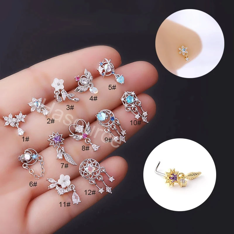 Nose Rings Piercing Jewelry Nose Studs 316L Surgical Stainless Steel CZ Dangle Nose Studs Colorful Indian Screw Nose Rings 1Pcs