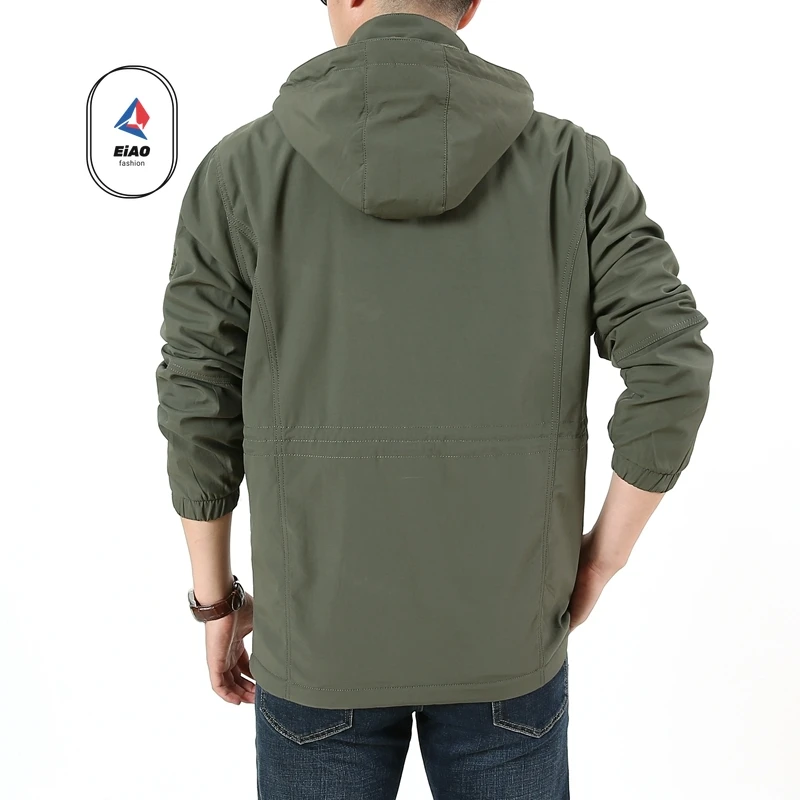 Spring Autumn Men's Jacket Trendy Sports Washable Wrinkle Resistant Windbreaker Outdoor Camping Detachable Hat Breathable Coat