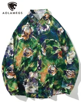 

Aolamegs Shirt Men Watercolor Flowers Painting Long Sleeve Shirts Tops Loose Harajuku Vintage Spring Hawaii Beach Men's Clothing