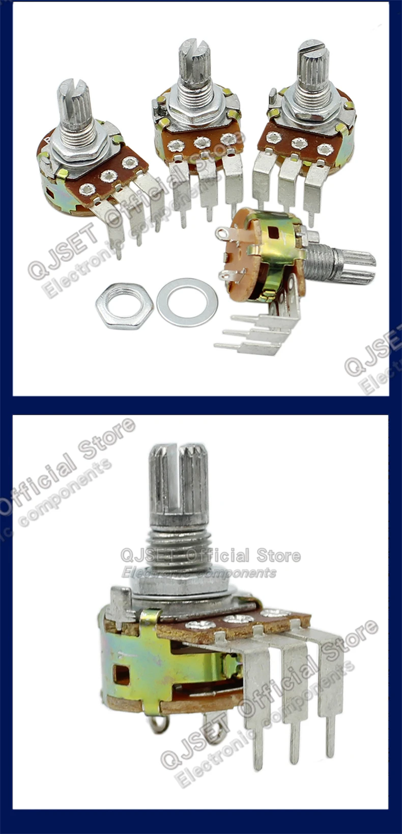 5 Stück 3-Pin Potentiometer mit gebogenen Stiften und Schalter WH148 B500K B10K B50K 5K B100K Ohm Dimmer-Schalter Potentiometer Schaftlänge 15mm – Detail 6