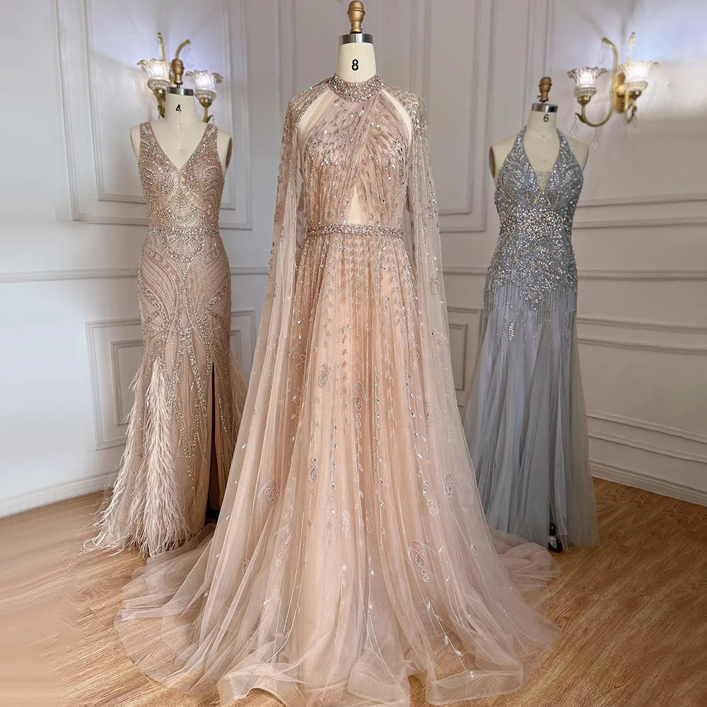 Serene Hill Dubai Arabic Luxury Nude A Line Beaded Evening Dresses With Cape Sleeves Gowns For Women  Wedding Party 2023 LA71803