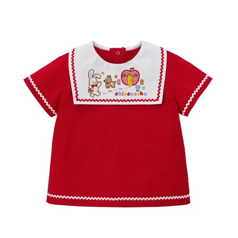 Kids T-Shirt 2024 Summer New Cartoon Fugui Rabbit Embroidery Navy Collar Short Sleeve Top Girl