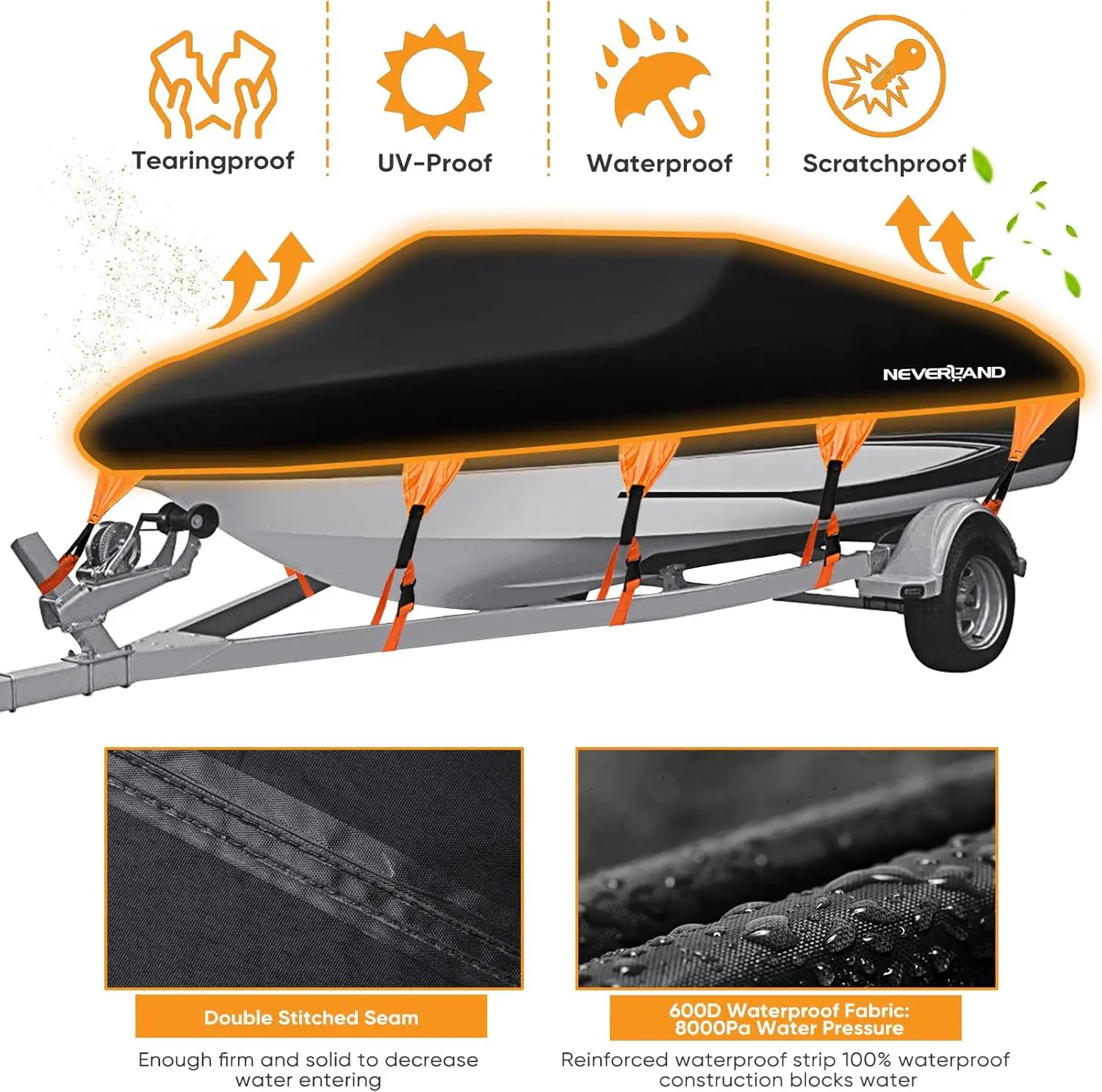 Boat Cover Heavy Duty Marine Grade Polyester Canvas Waterproof Trailerable Boat Cover Fits V Shape/V-Hull and Tri-Hull
