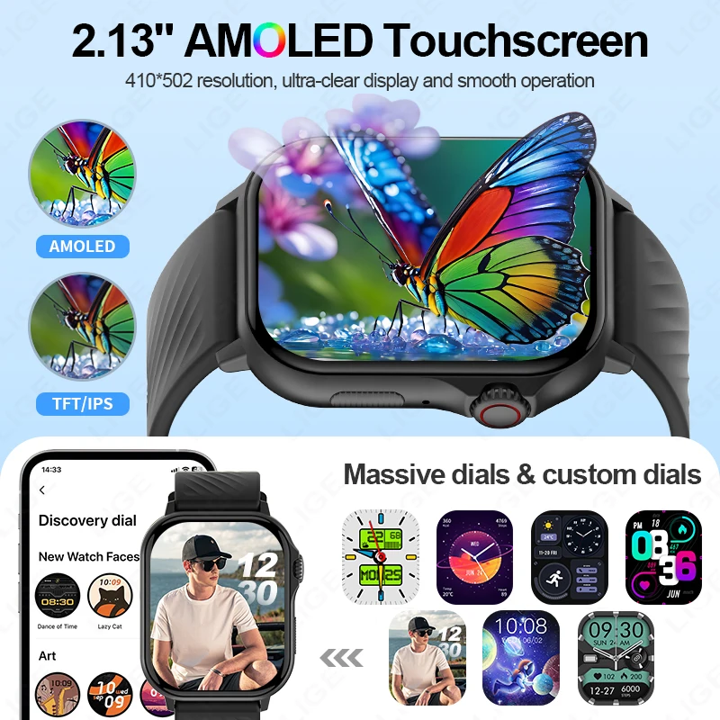 LIGE 2025 GPS Smart Watch 2.13" AMOLED HD Display Built-in GPS Make Receive Phone Calls Health Monitor Smartwatch For Men Women