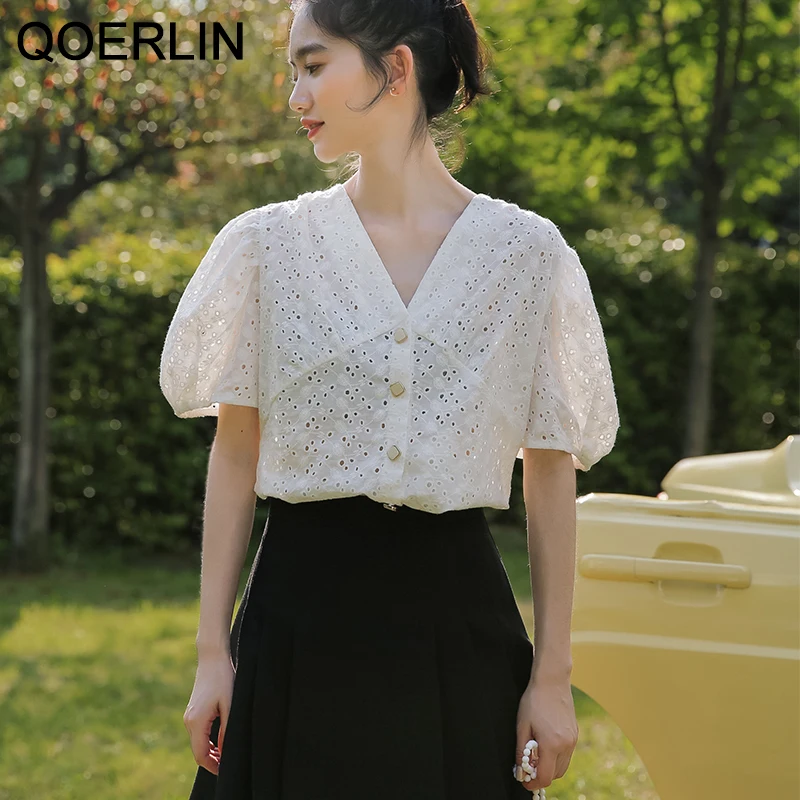 QOERLIN 2022 Summer New White Shirt Women Korean Hollow Out Puff Sleeve Cropped Tops Blouse V-Neck Design Short Blouse