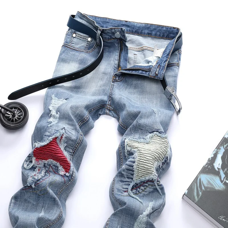 Men's Personalized Ripped Jeans Light Blue Streetwear Stretch Straight Slim Fit Casual Motorcycle Denim Trousers