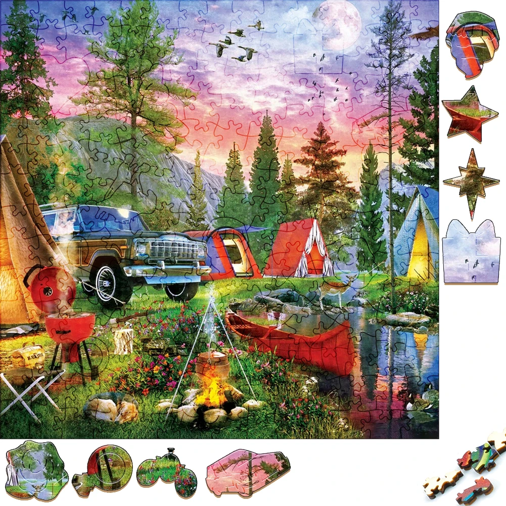 Unique Wooden Puzzles Wild Camping Scenery Wood Jigsaw Puzzle Craft Irregular Family Interactive Puzzle Gift for Kids Education