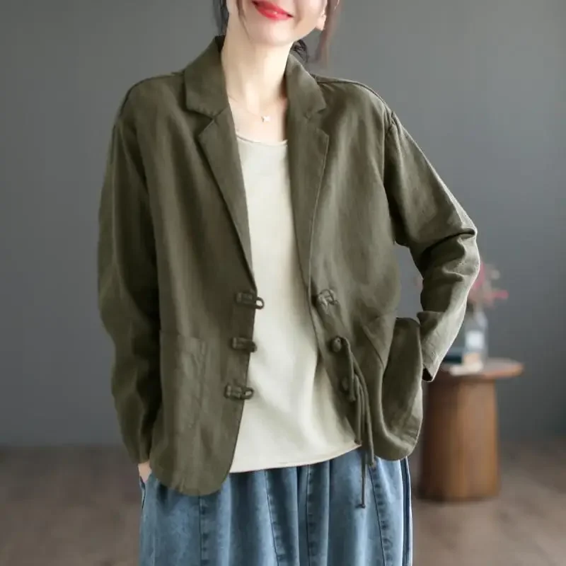 New Vintage Plate Button Cotton Blazer Women Spring Autumn Coat Long Sleeve Thin Jacket Korean Fashion Tops Coats