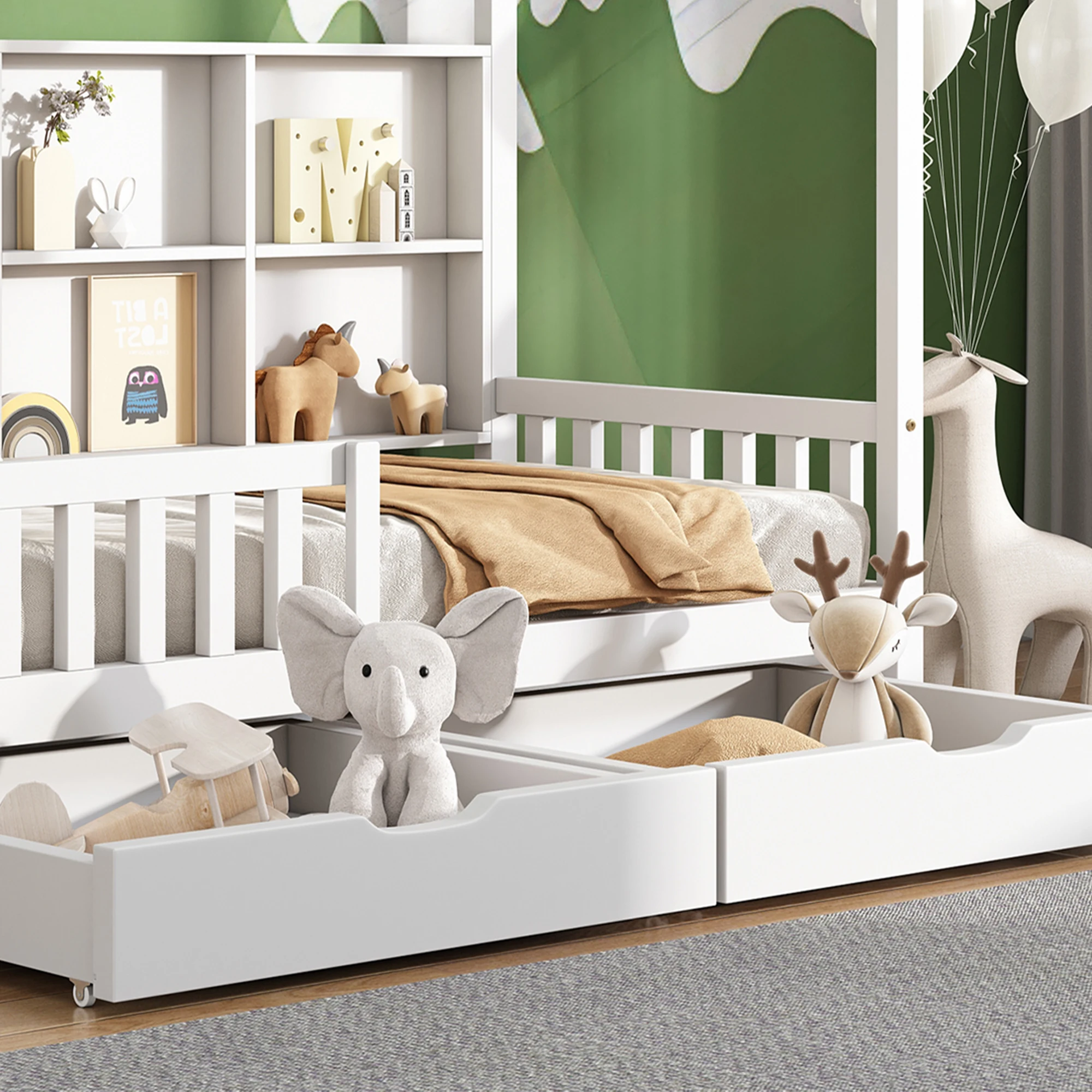 207x95x168cm Children's Bed with Multipurpose Bookshelf Storage Grid Cabinet Shelf Two Large Drawers with Fall Protection Frame