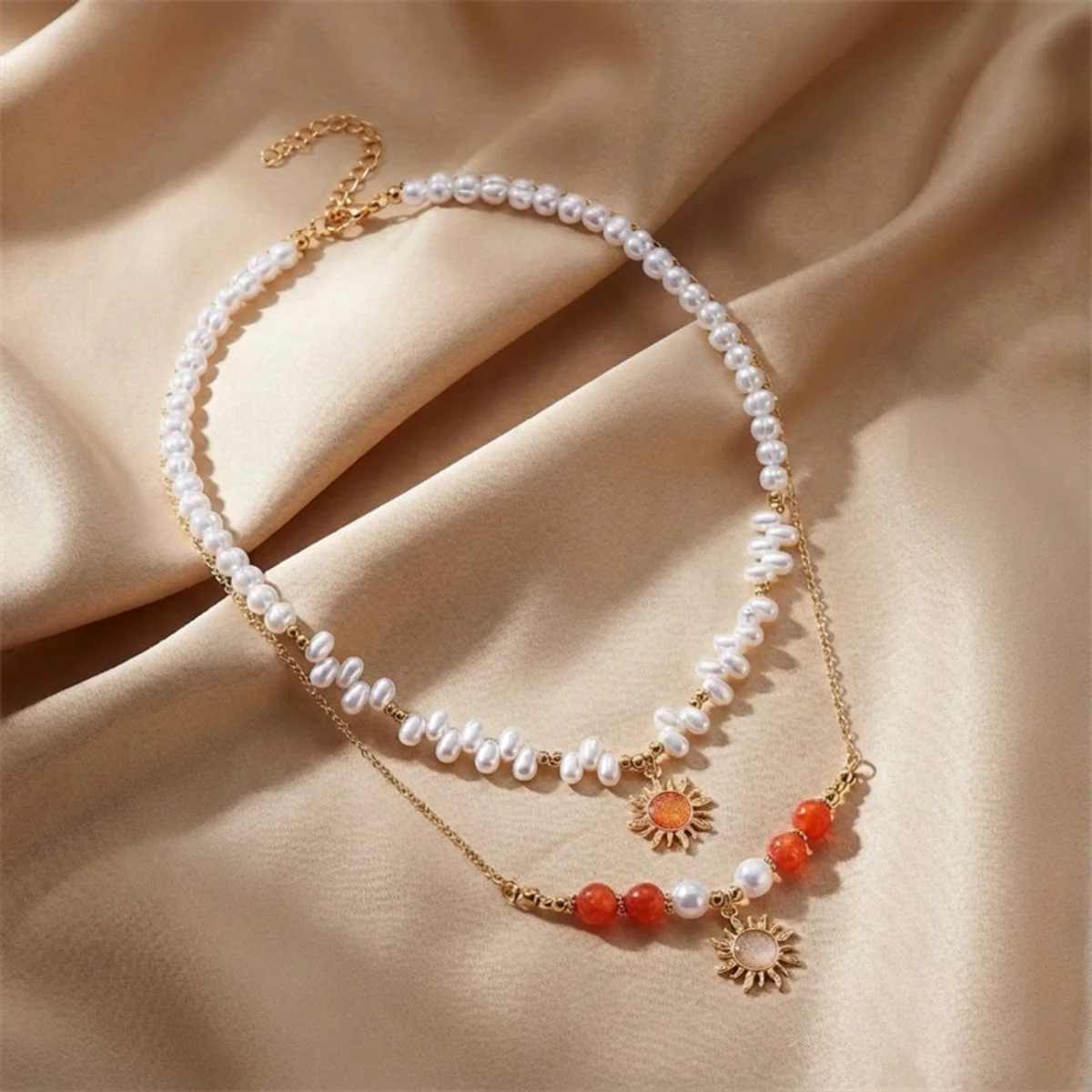 Trendy Sommer Rote Erdbeere Anhänger Halskette Für Frauen Männer Barock Imitation Perle Metall Seestern Conch Bogen Sonne Halsband Schmuck – Detail 37